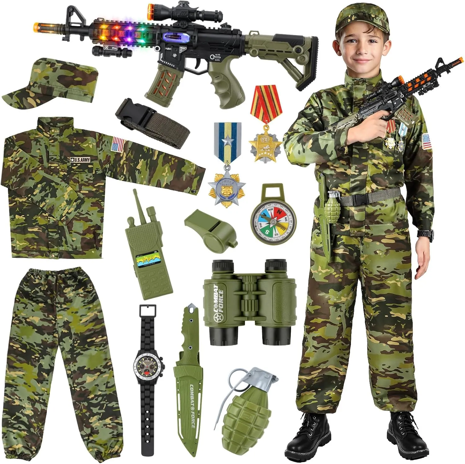 Kids Army Costume for Boys, Military Army Costume with Army Toys, Solider Boy Dress up, Halloween Costumes for Boys