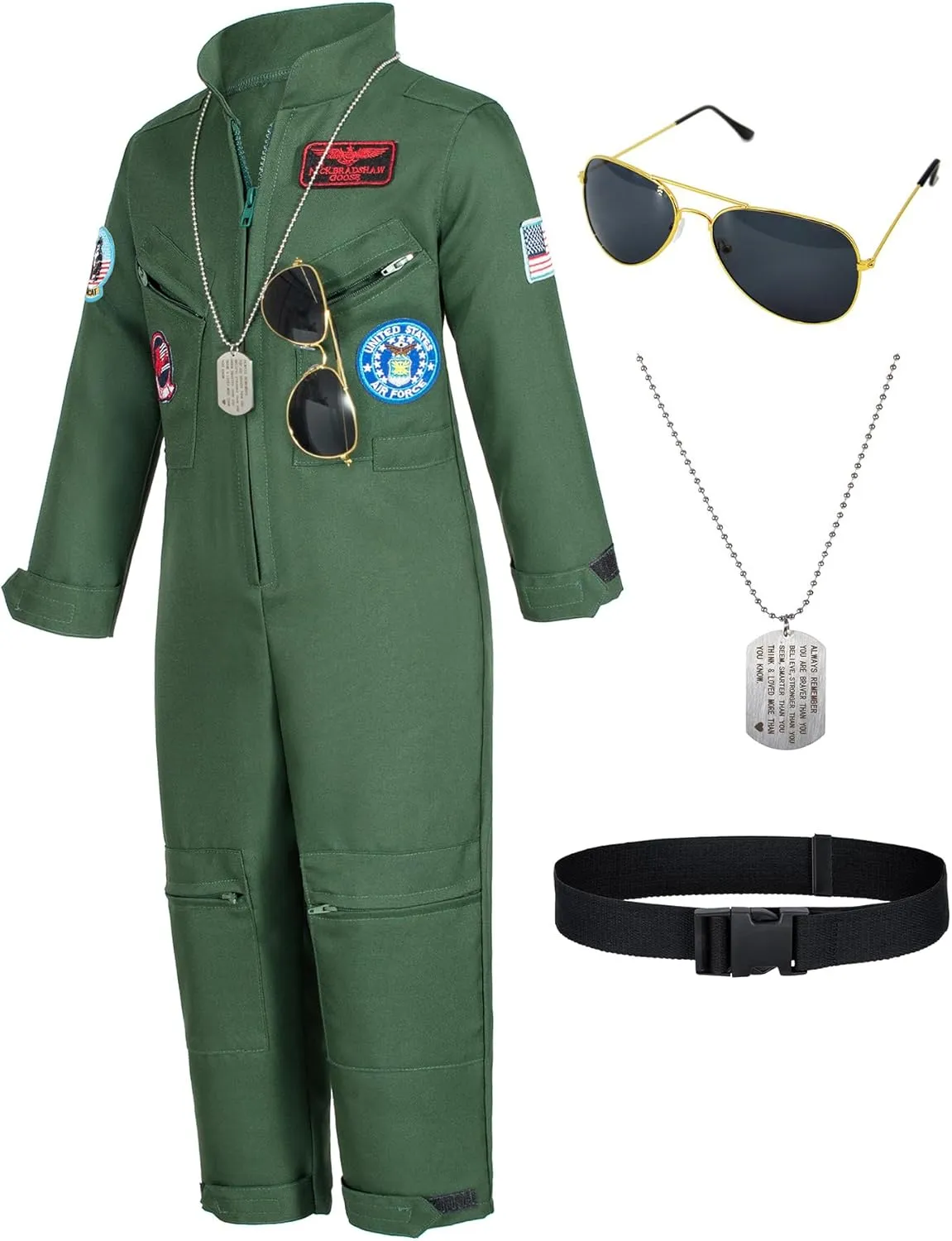 Kids Fighter Pilot Costume - Air Force Flight Suit Roleplay Dress Up with Aviator Accessories for Girls Boys