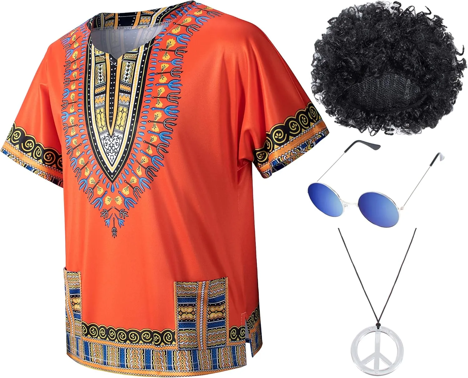 Kids Hippie Costume for Boys Girls 60s 70s 4 Pcs T-Shirt Afro Wig Set for Halloween Party Cosplay 3-12 Years