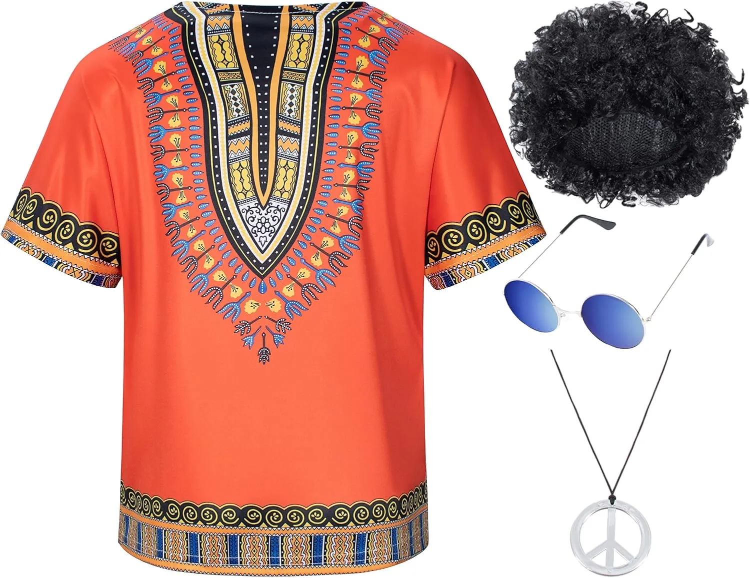 Kids Hippie Costume for Boys Girls 60s 70s 4 Pcs T-Shirt Afro Wig Set for Halloween Party Cosplay 3-12 Years