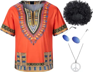 Kids Hippie Costume for Boys Girls 60s 70s 4 Pcs T-Shirt Afro Wig Set for Halloween Party Cosplay 3-12 Years