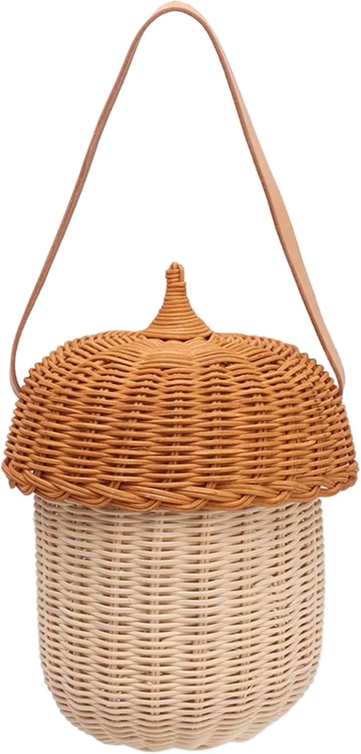 Kids Rattan Storage Basket, Handmade Acorn Shaped Basket, Hand Woven Decorative Acorn Shaped Basket Bag, Mushroom Shape Decorative Woven Basket for Boys Girls Photography Props(Large Handbag)