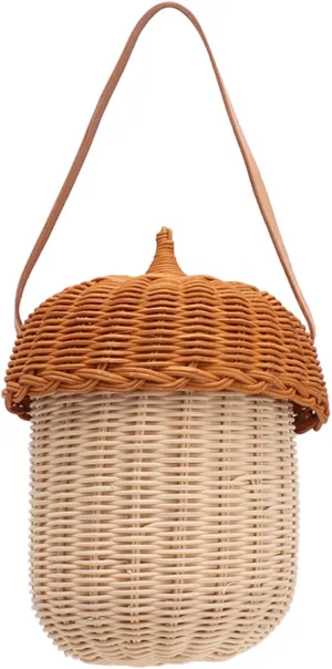 Kids Rattan Storage Basket, Multifunctional Decorative Rattan Storage Basket Bag Acorn Shaped for Outdoor for Girls (Large Handbag)