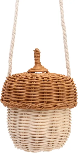 Kids Rattan Storage Basket,Acorn Shaped Hand Woven Decorative Basket Bag for Boys Girls Photography Props (Small Shoulder Bag)