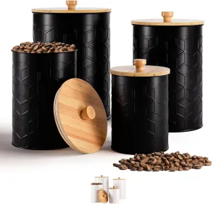 Kitchen Canisters for Countertop Set of 4 - Textured Iron Kitchen Canisters with Airtight Lids - Flour Sugar Canister Set - Flour and Sugar Containers Farmhouse - Coffee Jar for Counter - Black Jar x4