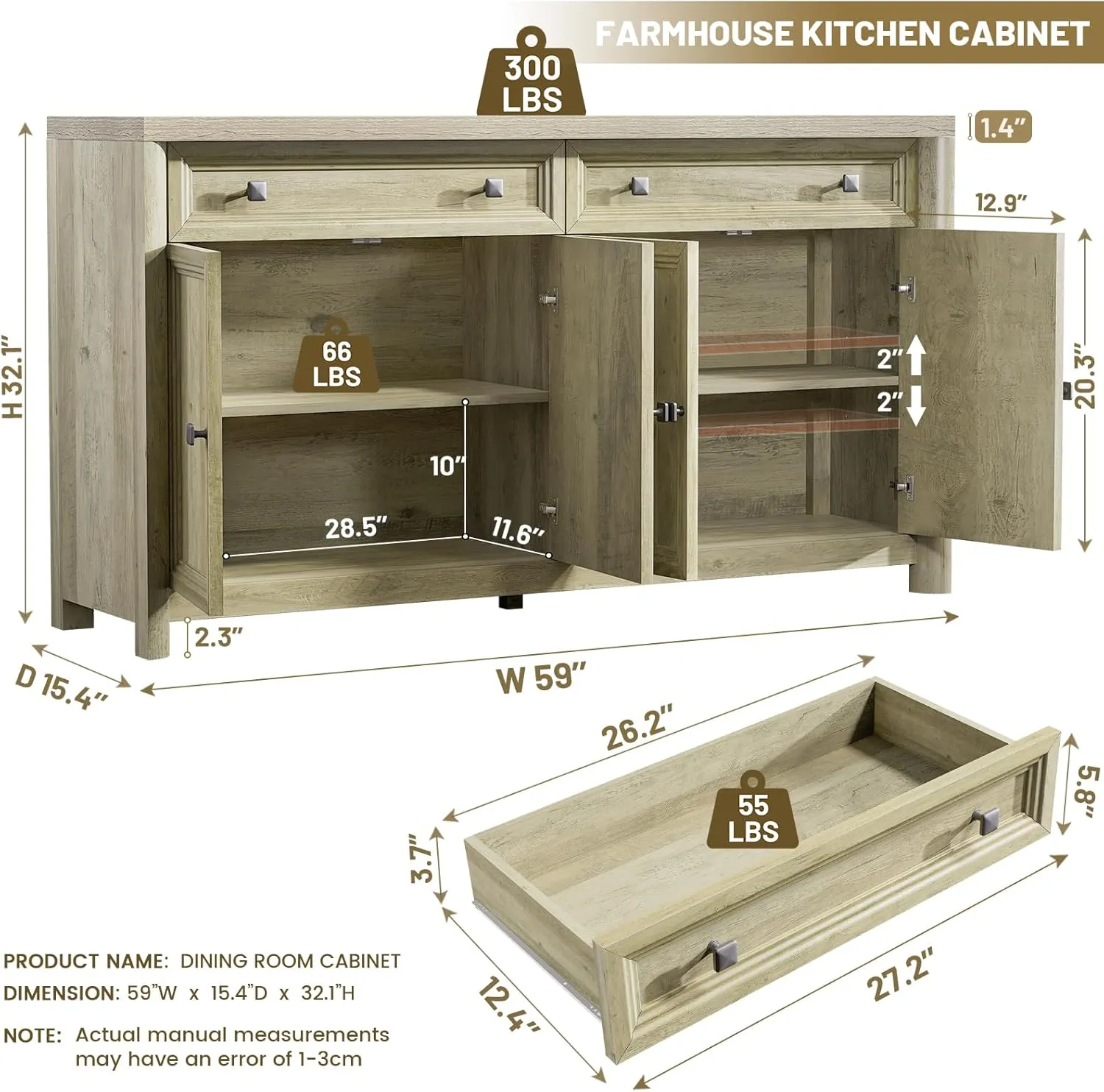 Kitchen Storage Cabinet with 4 Doors and 2 Drawers, 59" Large Farmhouse Sideboard Buffet, 32.1" Tall Wood Credenza Coffee Bar Console for Living Dining Room, Sunwashed Ash Oak