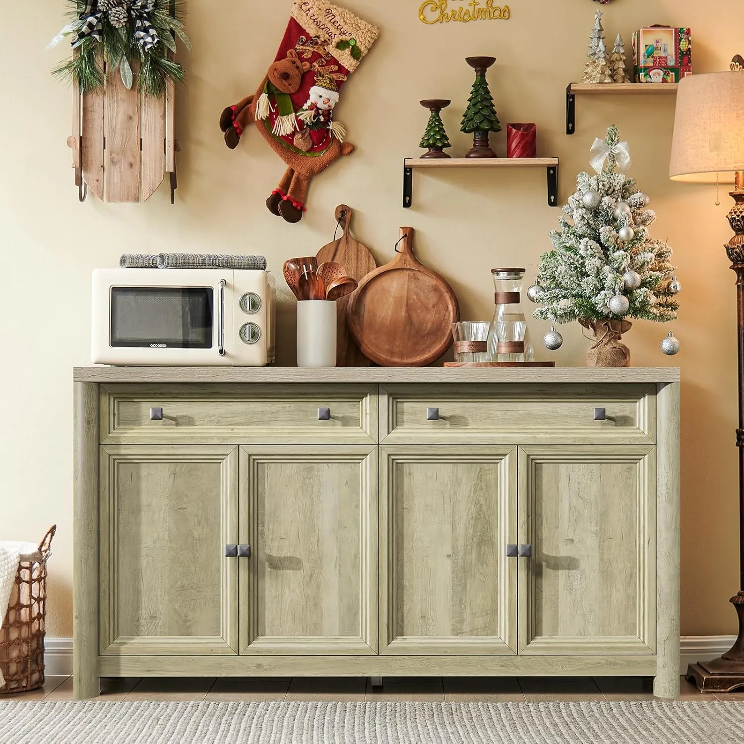 Kitchen Storage Cabinet with 4 Doors and 2 Drawers, 59" Large Farmhouse Sideboard Buffet, 32.1" Tall Wood Credenza Coffee Bar Console for Living Dining Room, Sunwashed Ash Oak