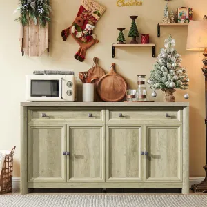 Kitchen Storage Cabinet with 4 Doors and 2 Drawers, 59" Large Farmhouse Sideboard Buffet, 32.1" Tall Wood Credenza Coffee Bar Console for Living Dining Room, Sunwashed Ash Oak