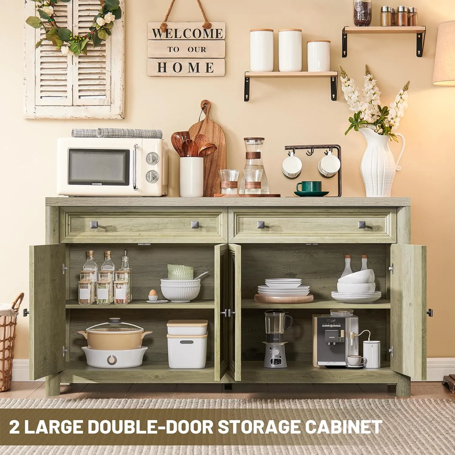 Kitchen Storage Cabinet with 4 Doors and 2 Drawers, 59" Large Farmhouse Sideboard Buffet, 32.1" Tall Wood Credenza Coffee Bar Console for Living Dining Room, Sunwashed Ash Oak