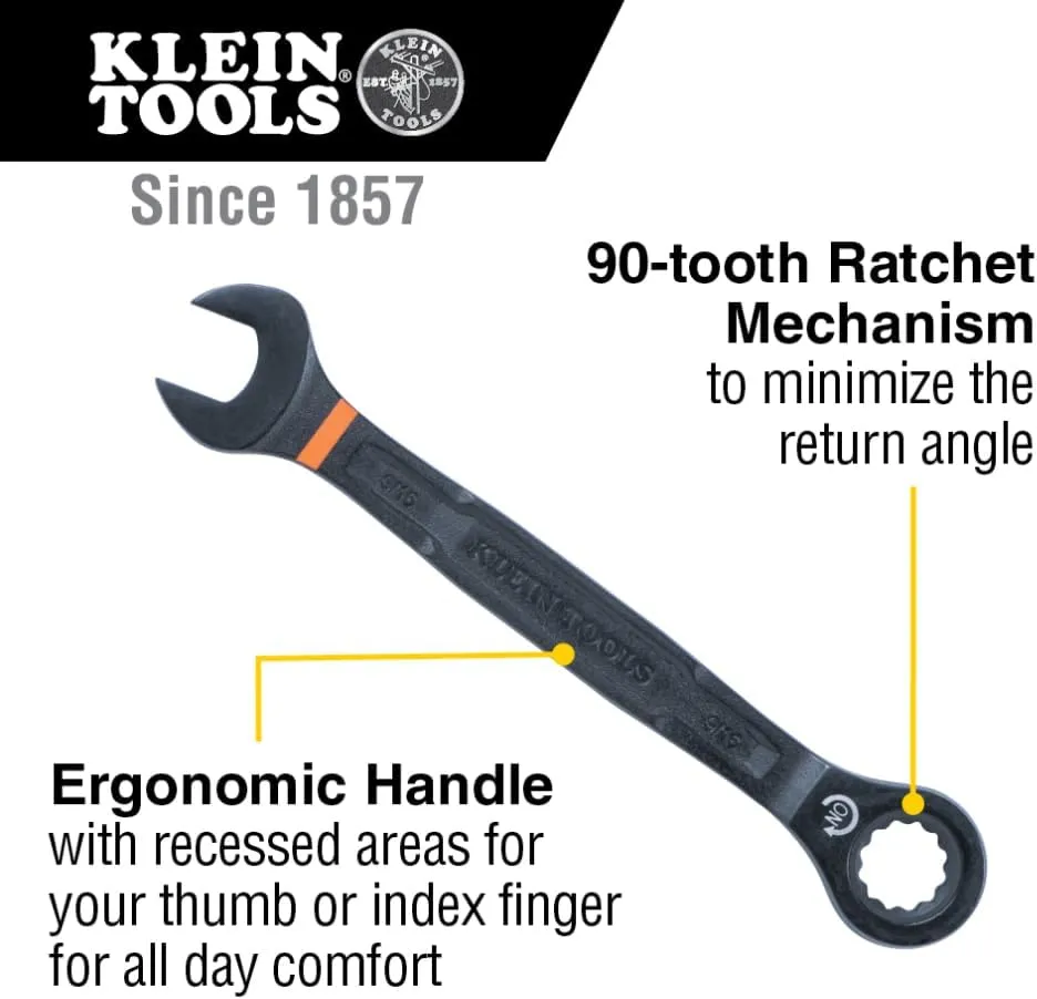Klein Tools 69408G Ratcheting Combination Wrench Set, SAE, 8-Piece, 5/16 to 3/4-Inch, Steel Alloy, Foam Pouch, 90-Tooth