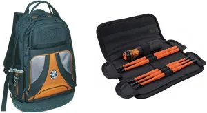 Klein Tools Tradesman Pro Tool Organizer Backpack (39 Pockets) and Insulated Screwdriver Set (8-in-1)