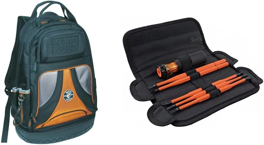 Klein Tools Tradesman Pro Tool Organizer Backpack (39 Pockets) and Insulated Screwdriver Set (8-in-1)