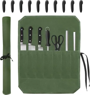 Knife Roll Bag, Ch/ef Knife Bag, Waxed Canvas Heavy Duty Knifes Pouch with 7 Slots, Ch/ef's Knifes Case Holder with Knife'Tip Protectors for Kitchen Travel Camping(COLOR:Green)