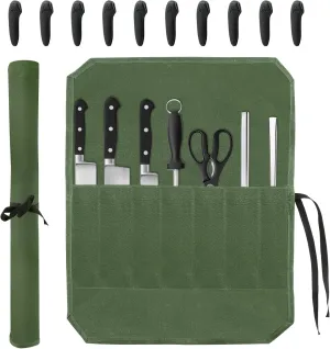 Knife Roll Bag, Chef’s Knife Roll Bag, Waterproof Waxed Canvas Knife Pouch with 7 Knife Slots, Multi-function Cutlery Knives Pouch Holder for Home Kitchen Travel Camping