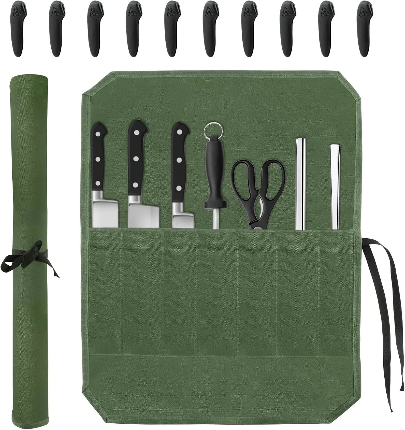 Knife Roll Bag, Chef’s Knife Roll Bag, Waterproof Waxed Canvas Knife Pouch with 7 Knife Slots, Multi-function Cutlery Knives Pouch Holder for Home Kitchen Travel Camping