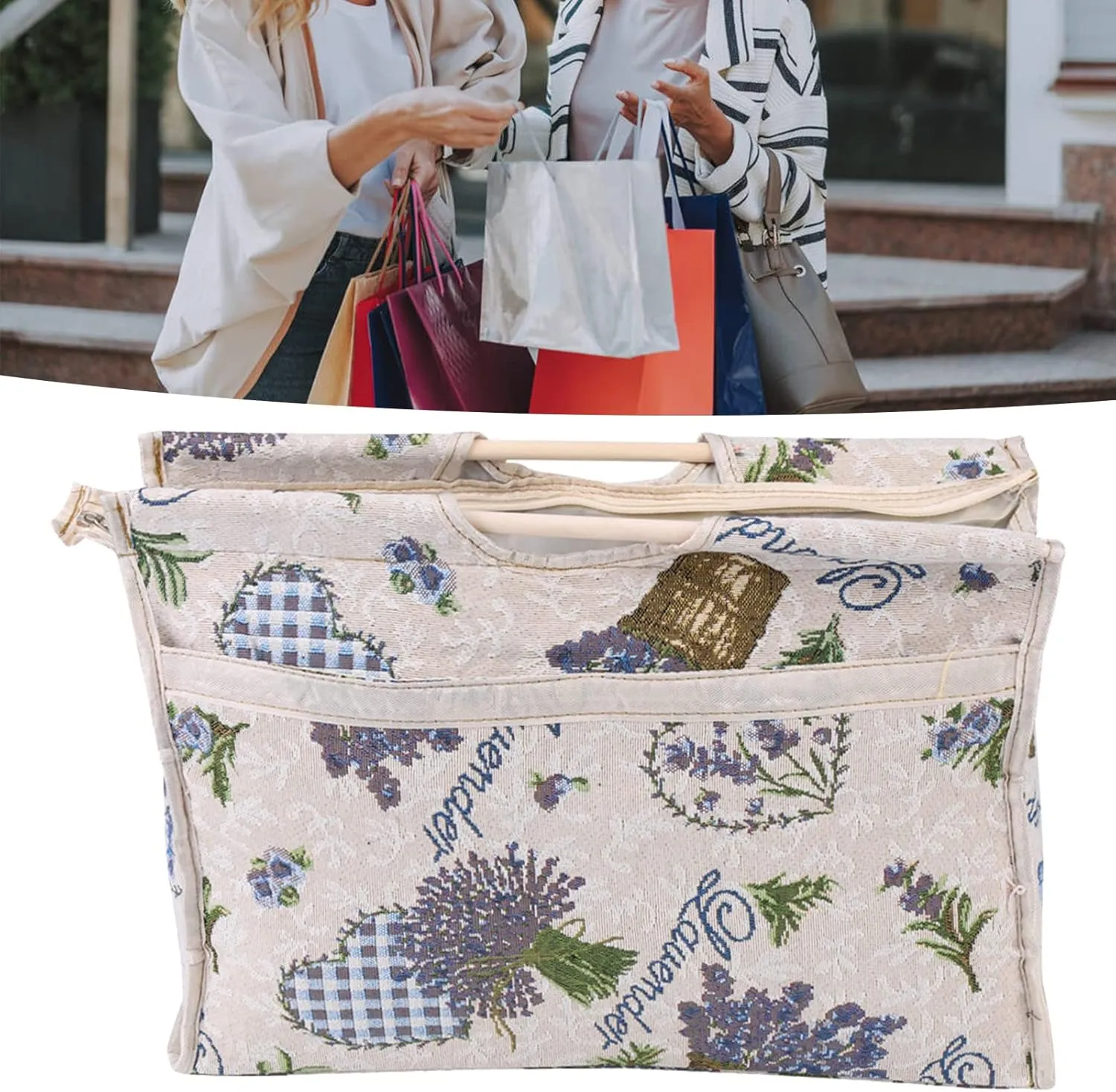 Knitting Needle Storage Bag, Exquisite Wood Handle Woven Fabric Storage Bag Travel Yarn Storage Tote Organizer Yarn Storage Crochet Bag for Knitting Needles Sewing Tools (Blue Flower)