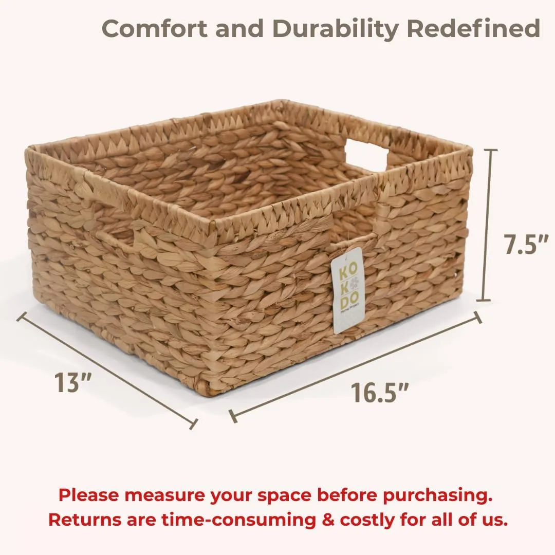 KOKODO 16.5"Lx13"W Large Wicker Storage Baskets with Chalkboard, Stylish and Durable Water Hyacinth Rectangle Handwoven Basket Bin with Metal Frame & Handle for Room Organizing