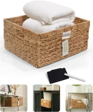 KOKODO 16.5"Lx13"W Large Wicker Storage Baskets with Chalkboard, Stylish and Durable Water Hyacinth Rectangle Handwoven Basket Bin with Metal Frame & Handle for Room Organizing