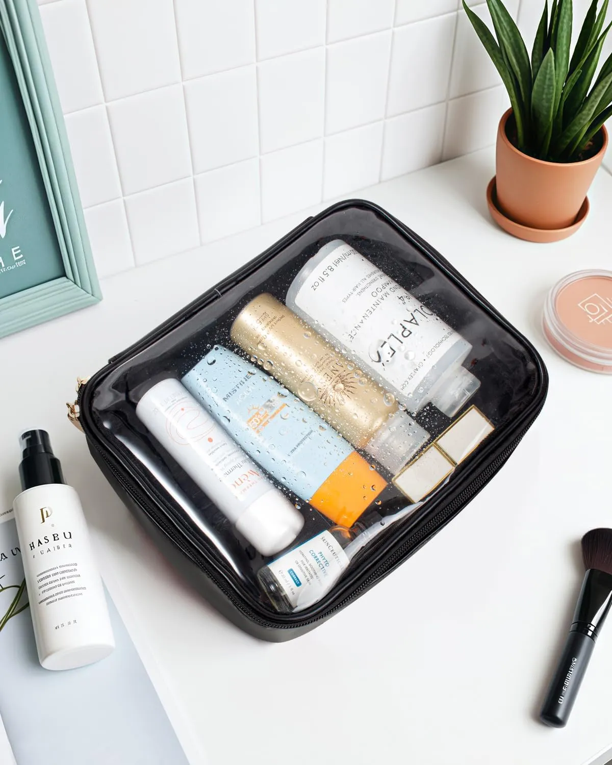 KOTORA TSA Approved Toiletry Bag with Mini Clear Makeup Bag Travel Size Beach Pool Bag Car Accessories for Women Her (1B Black)