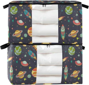 Large Clothes Storage Bags Clothing Organizer with Zipper Space Rockets Comet Planets Underbed Storage Container with Handles for Clothes, Blankets, Bedding, 2 Pack