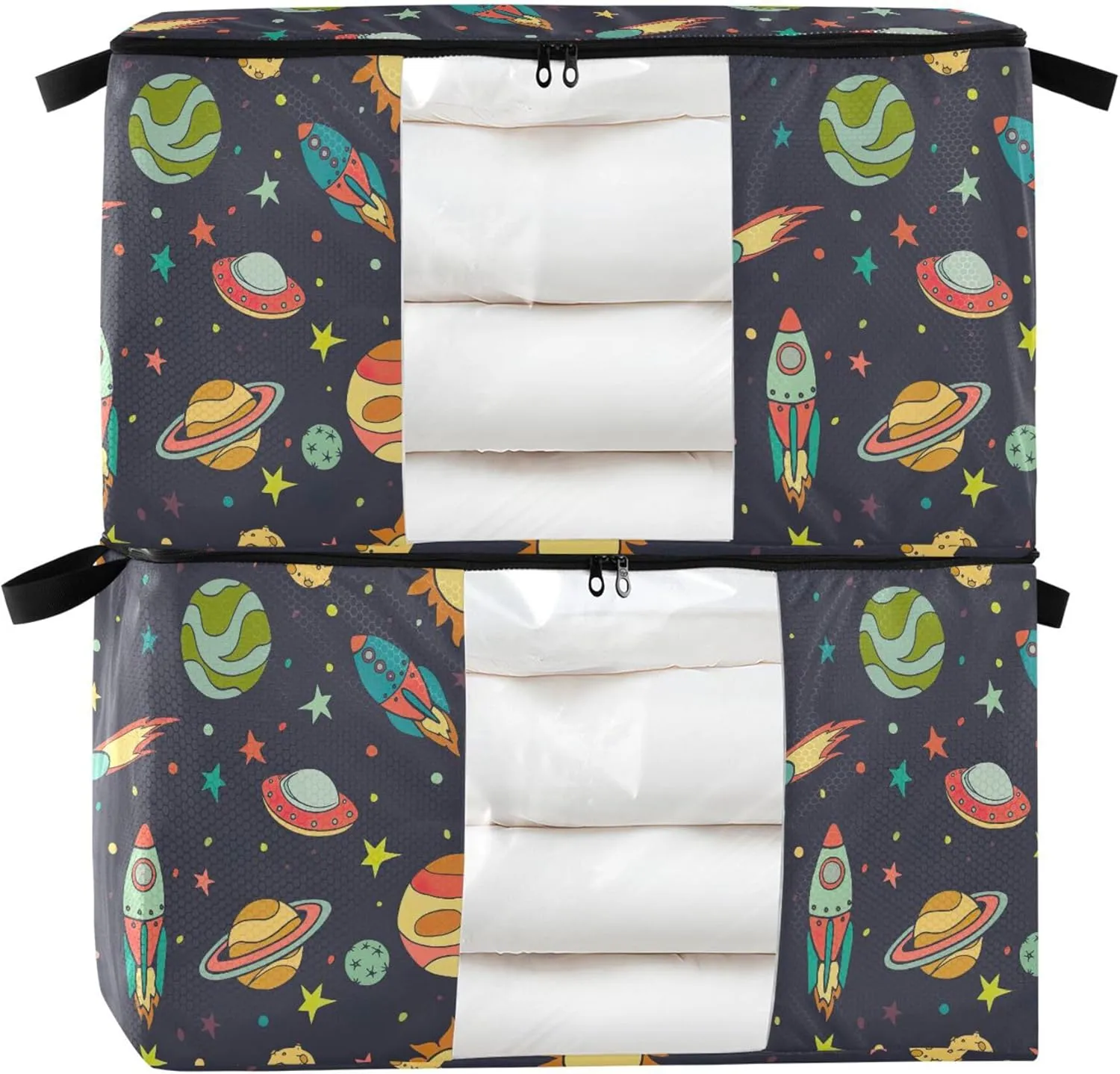 Large Clothes Storage Bags Clothing Organizer with Zipper Space Rockets Comet Planets Underbed Storage Container with Handles for Clothes, Blankets, Bedding, 2 Pack
