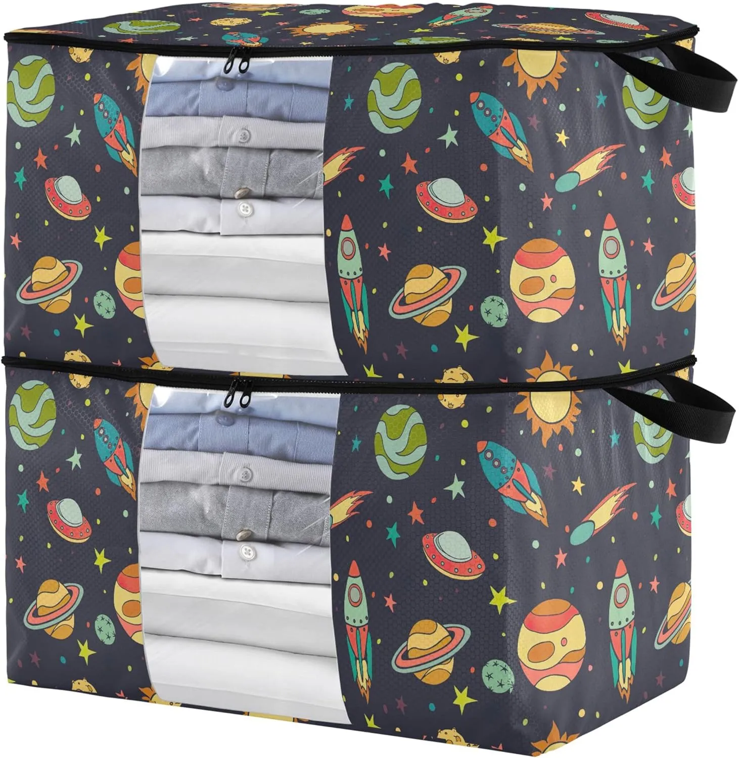 Large Clothes Storage Bags Clothing Organizer with Zipper Space Rockets Comet Planets Underbed Storage Container with Handles for Clothes, Blankets, Bedding, 2 Pack