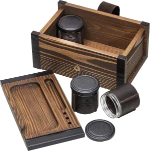 Large Kit - Wooden Storage Box with Decorative Tray & Pack of 3 UV Blocking and Airtight Glass Jars for Herbs/Accessories - Unique Portable Men Gift Set