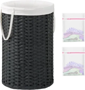 Large Laundry Hamper Laundry Basket Round 34.3 Gal (130 L) Handwoven Wicker Laundry Baskets Rattan Laundry Basket with Removable Bag Handles 2 Mesh Bags for Living Room Bedroom Black