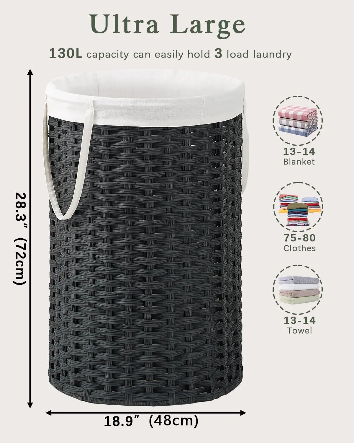Large Laundry Hamper Laundry Basket Round 34.3 Gal (130 L) Handwoven Wicker Laundry Baskets Rattan Laundry Basket with Removable Bag Handles 2 Mesh Bags for Living Room Bedroom Black