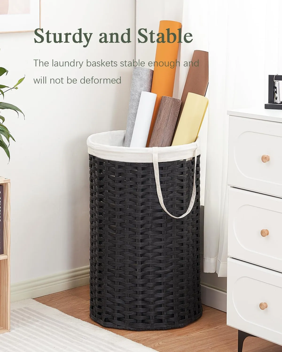 Large Laundry Hamper Laundry Basket Round 34.3 Gal (130 L) Handwoven Wicker Laundry Baskets Rattan Laundry Basket with Removable Bag Handles 2 Mesh Bags for Living Room Bedroom Black