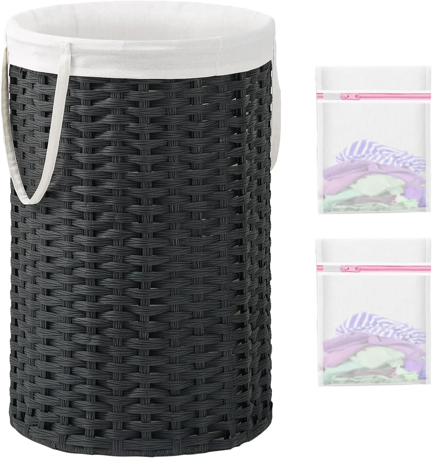 Large Laundry Hamper Laundry Basket Round 34.3 Gal (130 L) Handwoven Wicker Laundry Baskets Rattan Laundry Basket with Removable Bag Handles 2 Mesh Bags for Living Room Bedroom Black