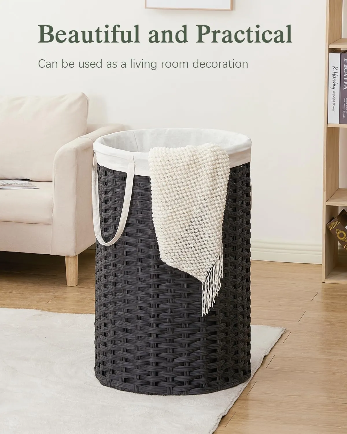 Large Laundry Hamper Laundry Basket Round 34.3 Gal (130 L) Handwoven Wicker Laundry Baskets Rattan Laundry Basket with Removable Bag Handles 2 Mesh Bags for Living Room Bedroom Black