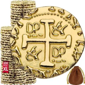 Large Metal Pirate Coins Gold Treasure Coin Set, Metal Replica Spanish Doubloons for Board Games, Tokens, Toys, Cosplay – Realistic Money Imitation for Treasure Chest - Size 1.18" (Gold 100 PCS)