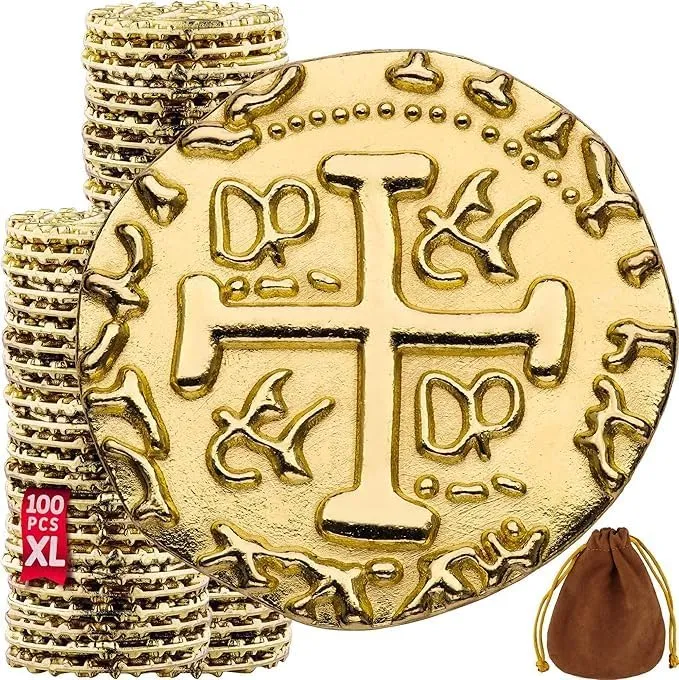 Large Metal Pirate Coins Gold Treasure Coin Set, Metal Replica Spanish Doubloons for Board Games, Tokens, Toys, Cosplay – Realistic Money Imitation for Treasure Chest - Size 1.18" (Gold 100 PCS)