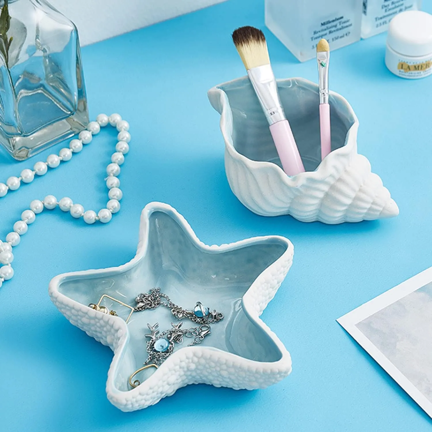 Large Shell Jewelry Dish Tray 7.7 L x 4.7 W x 3.5 H inches Ceramic Shell Ring Holder Seashell Bowl Decorative Trays Cute Jewelry Organize Key Storage Tray for Home Decor Porcelain Jewelry Deco