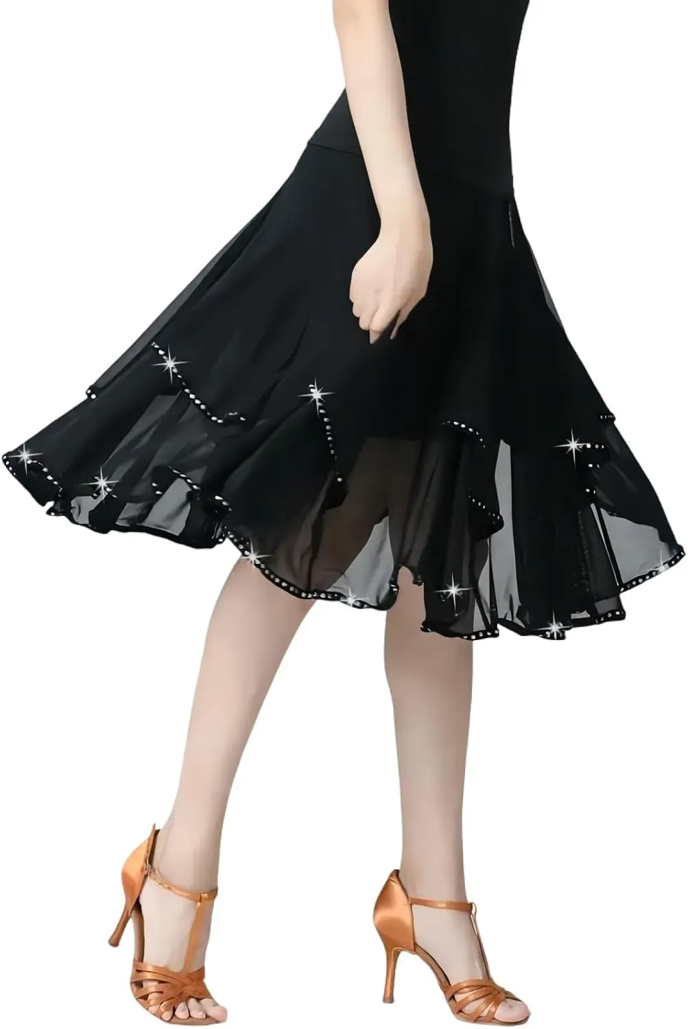 Latin Dance Skirt Modern Dance Big Swing Skirt Ballroom Dance Mesh Sequins Performance Costume