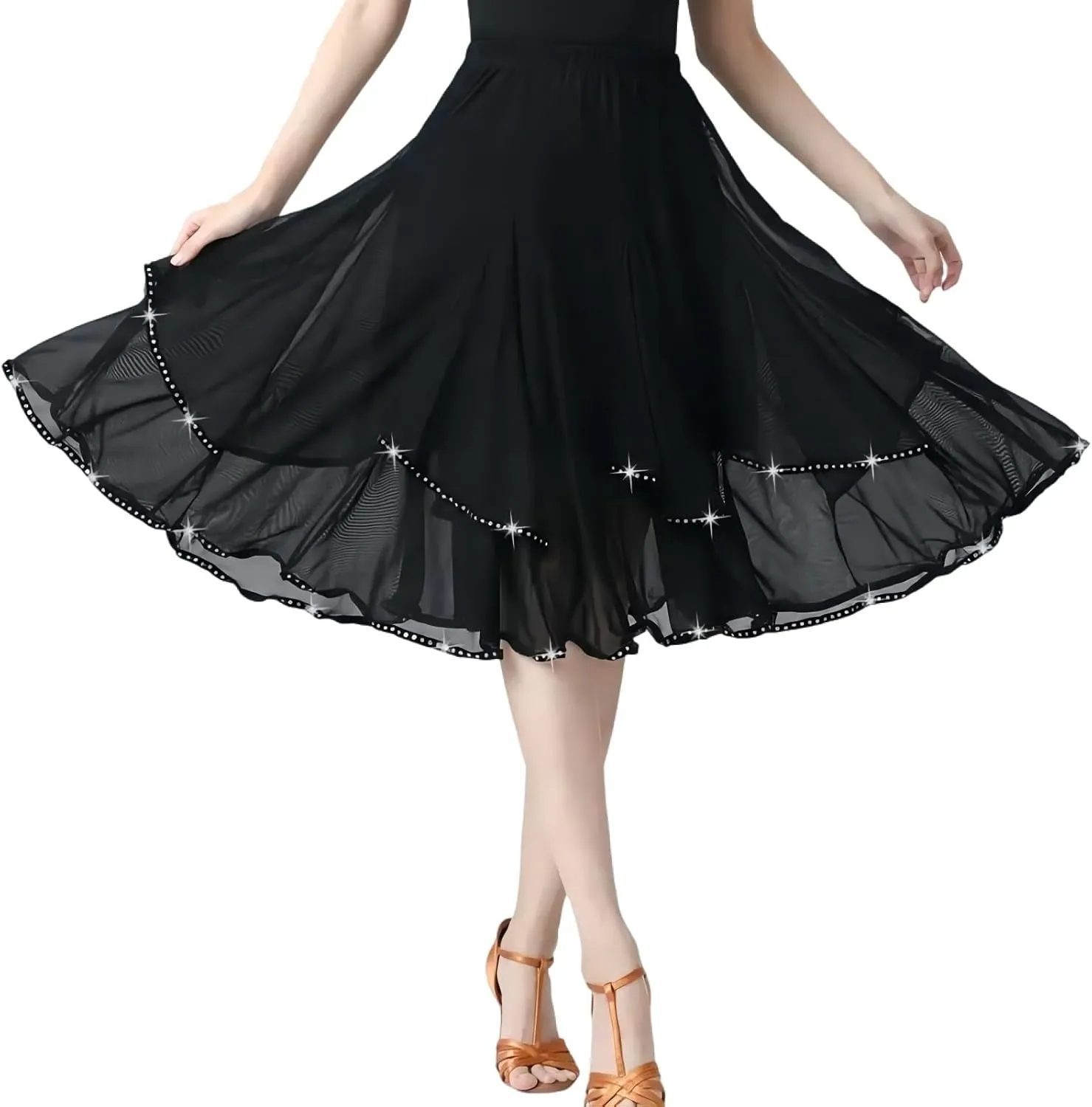 Latin Dance Skirt Modern Dance Big Swing Skirt Ballroom Dance Mesh Sequins Performance Costume