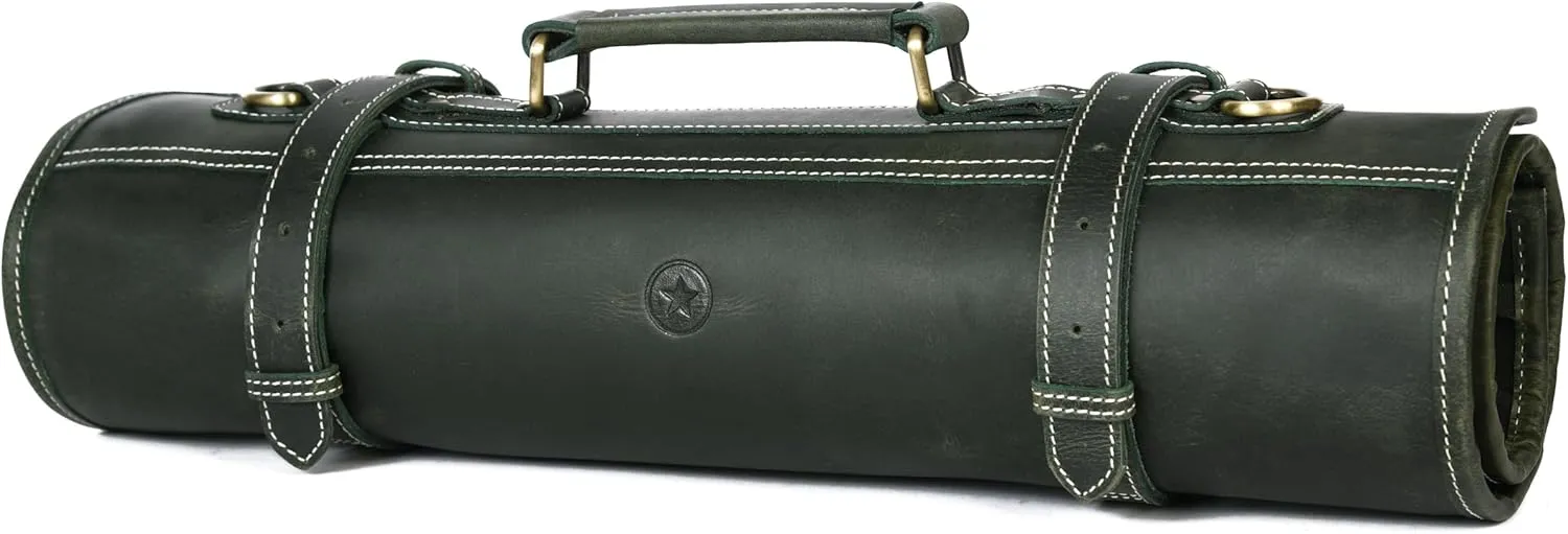 Leather Knife Roll Storage Bag, Elastic and Expandable 10 Pockets, Adjustable/Detachable Shoulder Strap, Travel-Friendly Chef Knife Case