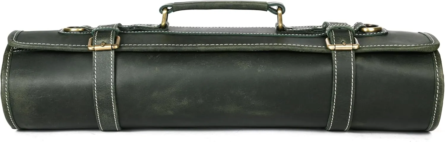 Leather Knife Roll Storage Bag, Elastic and Expandable 10 Pockets, Adjustable/Detachable Shoulder Strap, Travel-Friendly Chef Knife Case