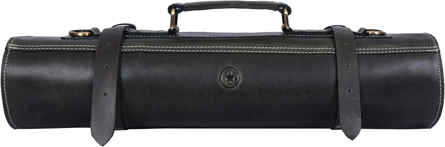 Leather Knife Roll Storage Bag, Elastic and Expandable 10 Pockets, Adjustable/Detachable Shoulder Strap, Travel-Friendly Chef Knife Case