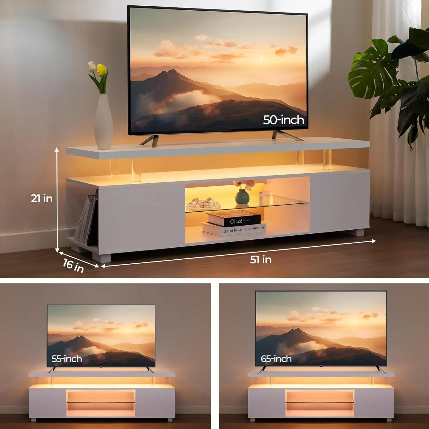LED TV Stand White TV Stands for Living Room Modern TV Stand with Storage for 65/70/75 inche TVs Entertainment Center for Living Room