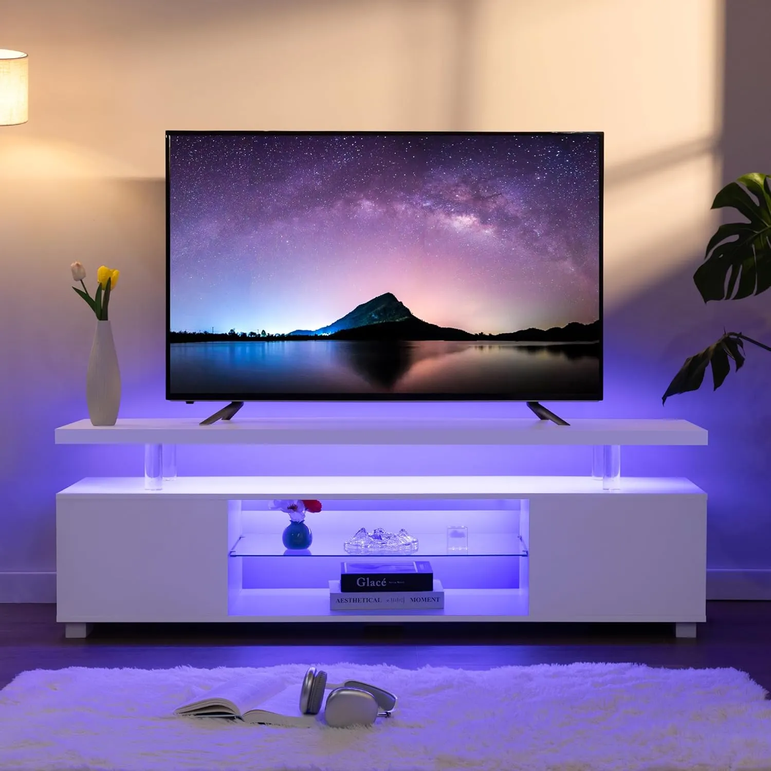 LED TV Stand White TV Stands for Living Room Modern TV Stand with Storage for 65/70/75 inche TVs Entertainment Center for Living Room