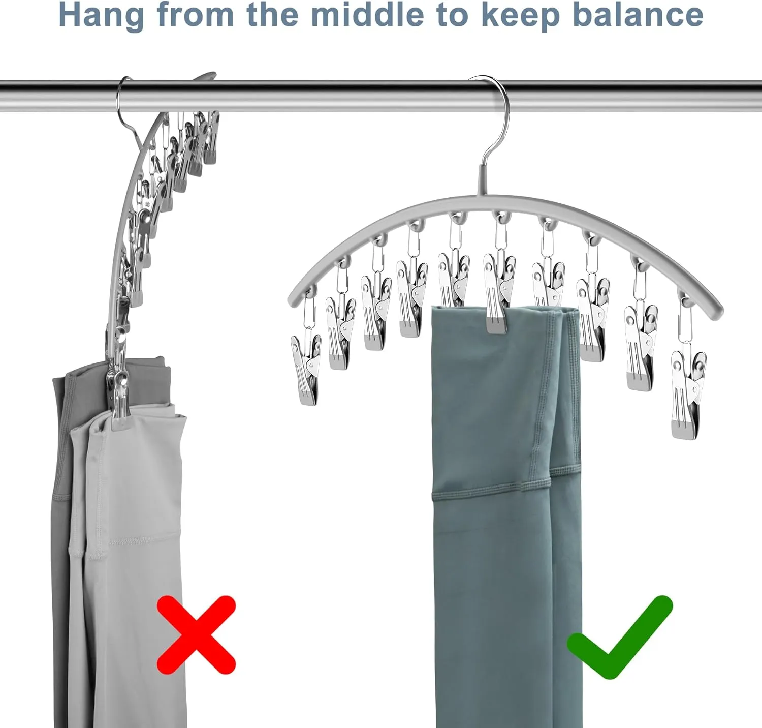 Legging Organizer for Closet, Metal Yoga Pants Hanger w/Rubber Coated 2 Pack w/10 Clips Hold 20 Leggings, Hangers Space Saving Hanging Closet Organizer for Closet Organizers and Storage-Grey