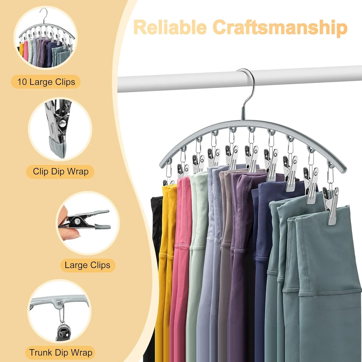 Legging Organizer for Closet, Metal Yoga Pants Hanger w/Rubber Coated 2 Pack w/10 Clips Hold 20 Leggings, Hangers Space Saving Hanging Closet Organizer for Closet Organizers and Storage-Grey
