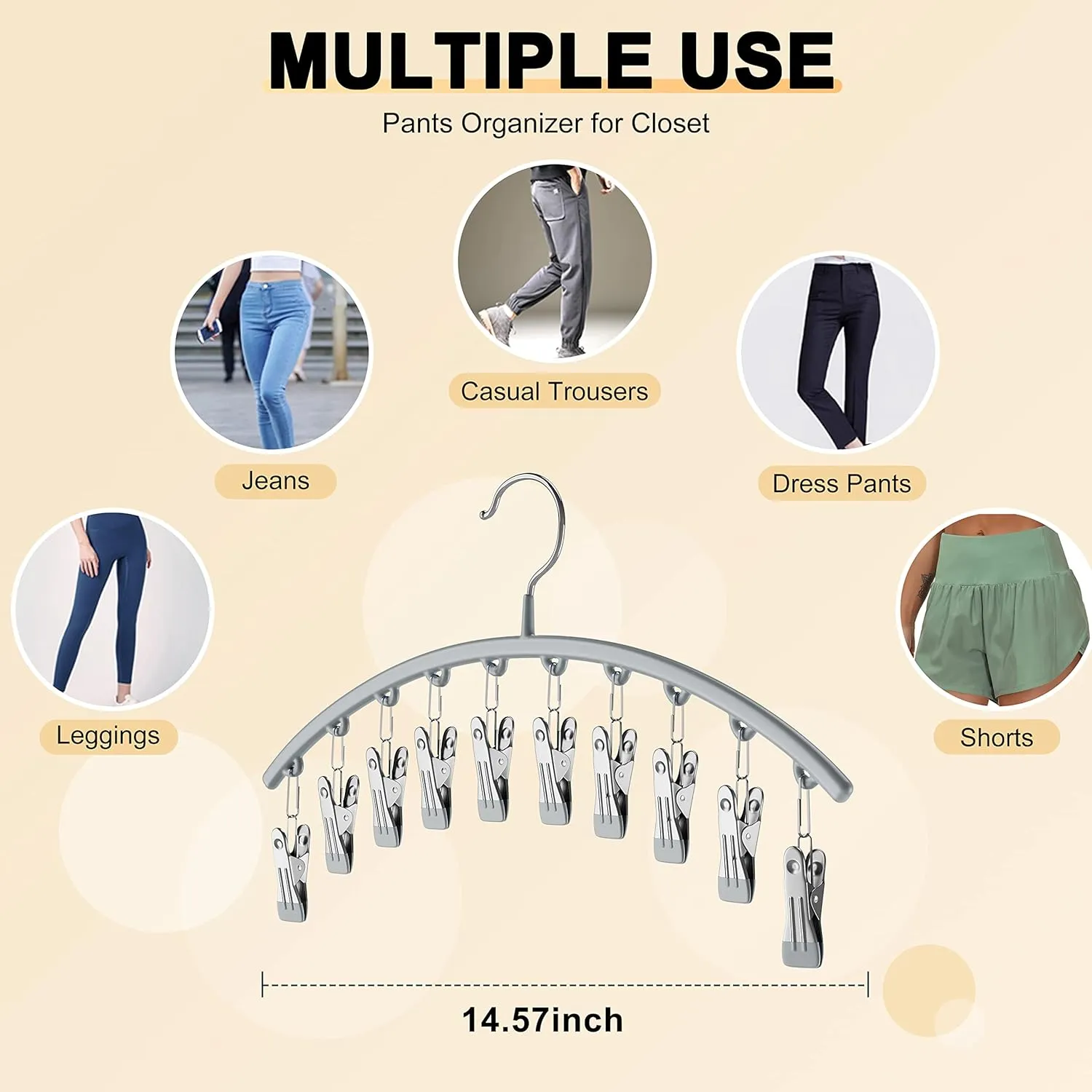 Legging Organizer for Closet, Metal Yoga Pants Hanger w/Rubber Coated 2 Pack w/10 Clips Hold 20 Leggings, Hangers Space Saving Hanging Closet Organizer for Closet Organizers and Storage-Grey