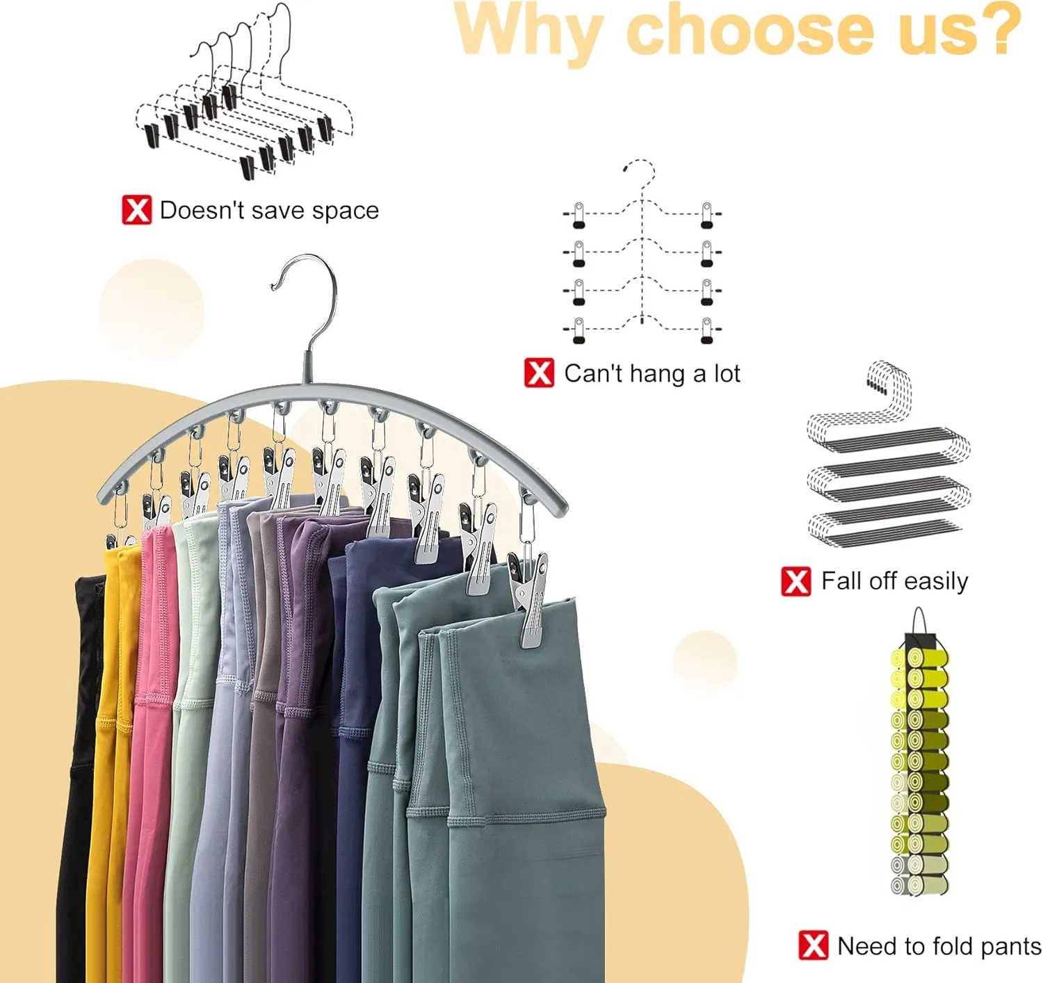Legging Organizer for Closet, Metal Yoga Pants Hanger w/Rubber Coated 2 Pack w/10 Clips Hold 20 Leggings, Hangers Space Saving Hanging Closet Organizer for Closet Organizers and Storage-Grey