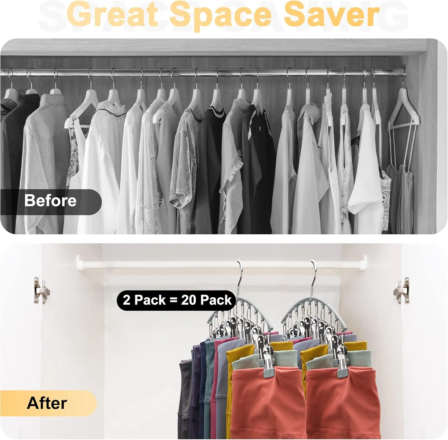 Legging Organizer for Closet, Metal Yoga Pants Hanger w/Rubber Coated 2 Pack w/10 Clips Hold 20 Leggings, Hangers Space Saving Hanging Closet Organizer for Closet Organizers and Storage-Grey