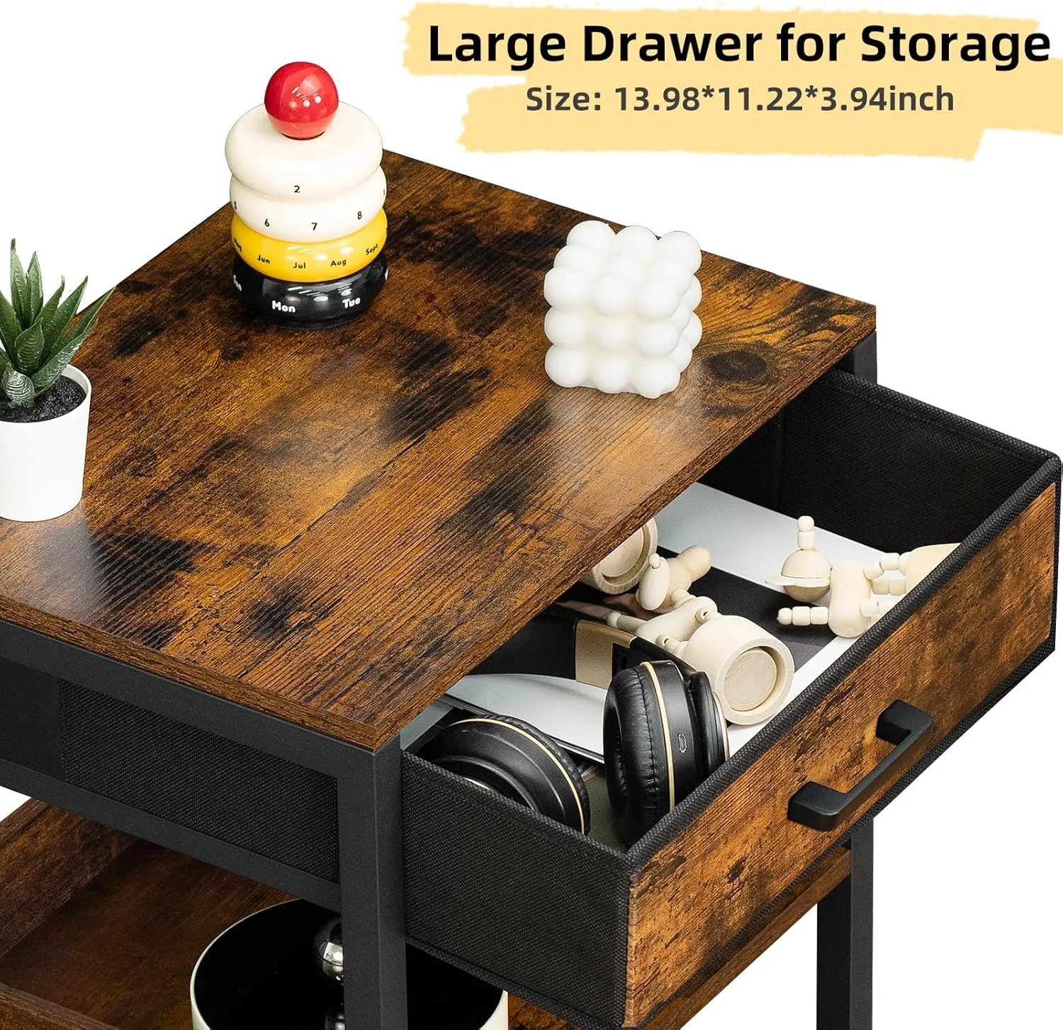 Lerliuo End Table with Fabric Drawer,3 Tier Industrial Wood Side Table with Storage,Modern Tall Printer Stand,Vintage Brown Nightstand,Rustic Bedside Tables for Living Room Bedroom Small Spaces