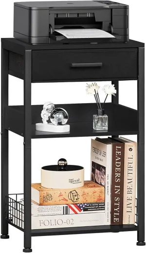 Lerliuo Pure Black Printer Table with Fabric Drawer,3 Tier Industrial Wood Printer Stand with Storage Shelf,Modern Tall End Table,Nightstand,Bed Side Tables for Scanner Fax Home Office Small Spaces
