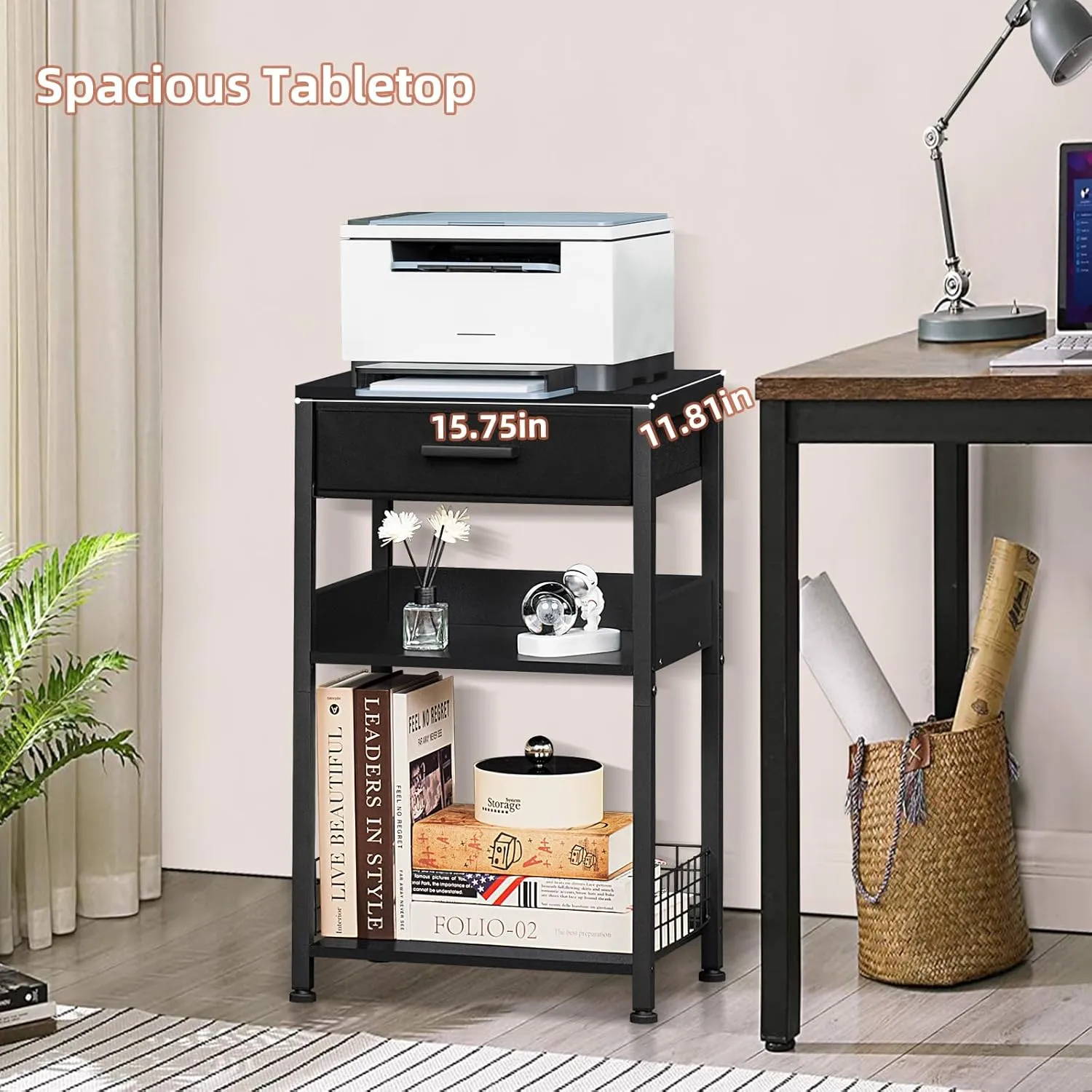 Lerliuo Pure Black Printer Table with Fabric Drawer,3 Tier Industrial Wood Printer Stand with Storage Shelf,Modern Tall End Table,Nightstand,Bed Side Tables for Scanner Fax Home Office Small Spaces